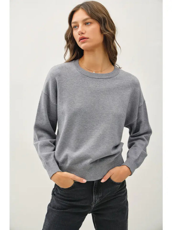 Solid Round Neck Relaxed Sweater in Charcoal