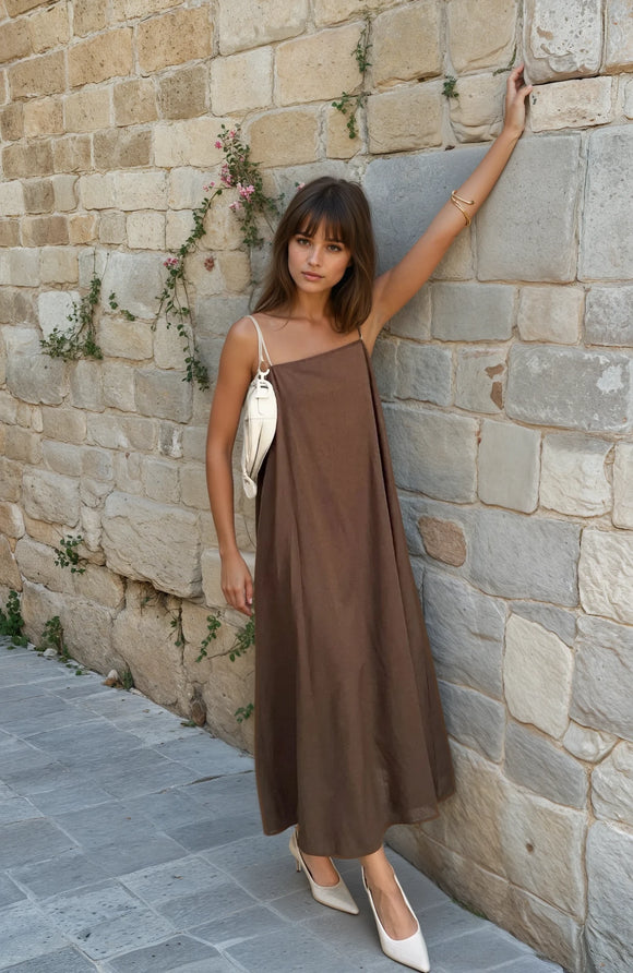 Banx Linen Strappy Dress in Chocolate