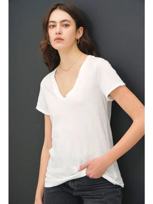 Classic Raw Trim Sleeve V-Neck Tee in White