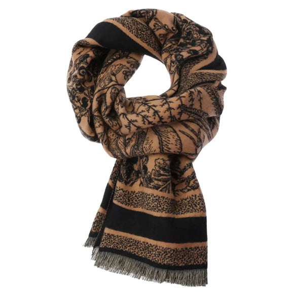 Black Leaf Pattern Fringe Oblong Scarf
