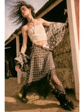 Plaid & Lace Buckle Waist Maxi Skirt