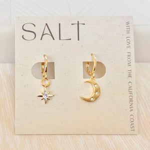 Star & Moon Huggie Hoops | Gold | Celestial Charm Earrings