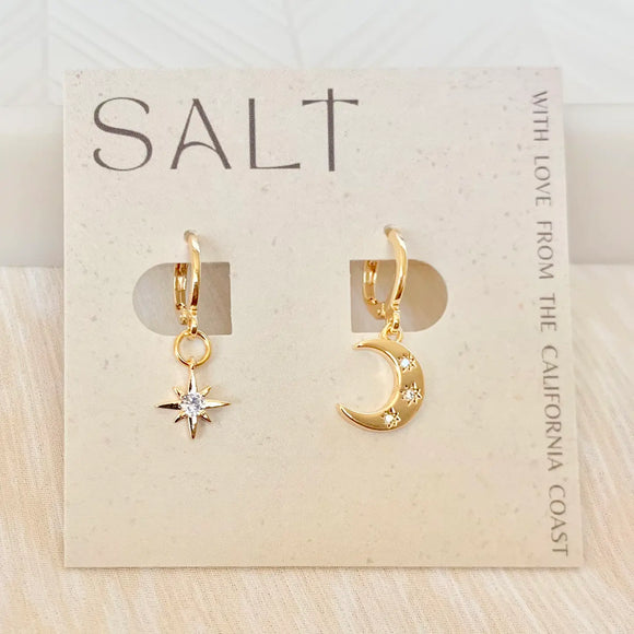 Star & Moon Huggie Hoops | Gold | Celestial Charm Earrings