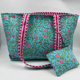 Pink and Blue Quilted Boho Extra Large Tote Bag with Purse