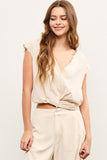 Cut Edge V Neck  Gathered Sleeveless Top