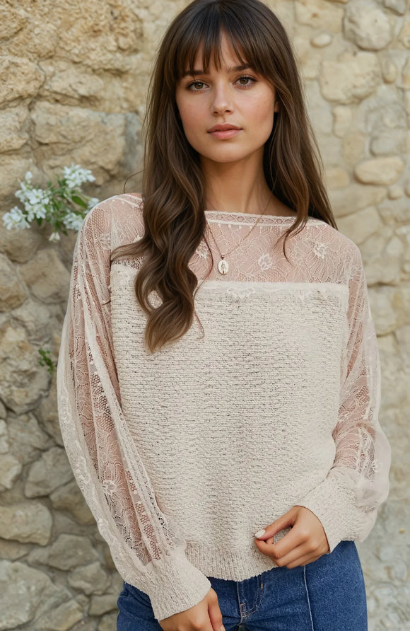 Boat Neck Lace Trimmed Knit Sweater Pullover
