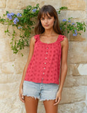 Eyelet Ruffle Strap Scoop Neck Tank Top Fuschia