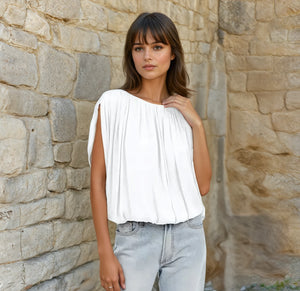 Grecian Drape Bubble Blouse White