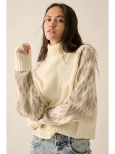 Knit Geo-Print Raglan-Sleeve Turtleneck Sweater