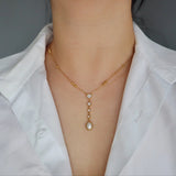 CZ and Pearl Lariat Necklace