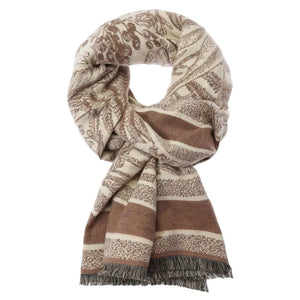 Khaki Leaf Pattern Fringe Oblong Scarf