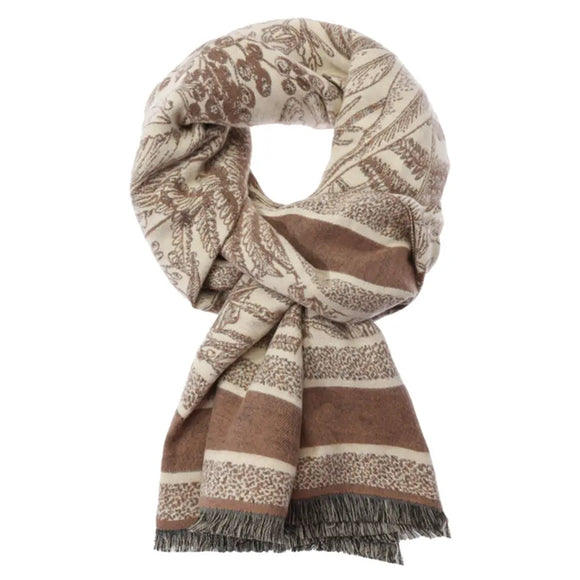 Khaki Leaf Pattern Fringe Oblong Scarf