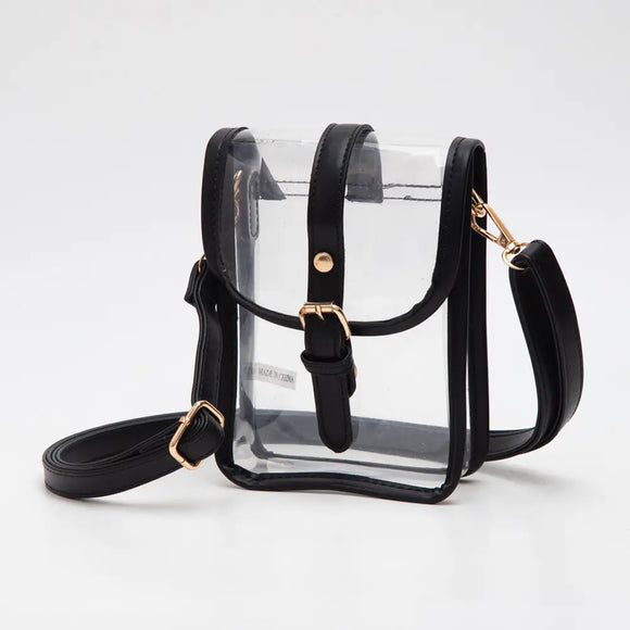 Faux Leather Belt Buckle Crossbody Clear Bag
