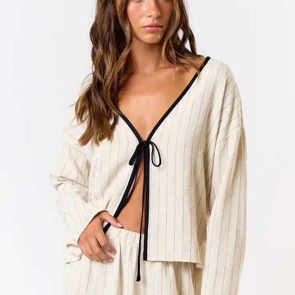 Linen Stripe Long Sleeve Tie Front Top