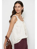 Off White Ruffle Trim Tie Neck Tank