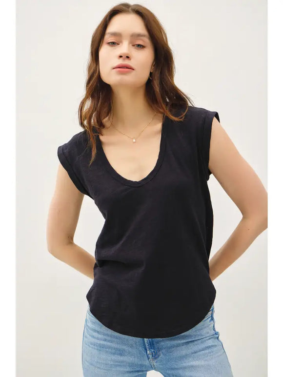 Basic Cap Sleeve Garment Dyed Top in Black