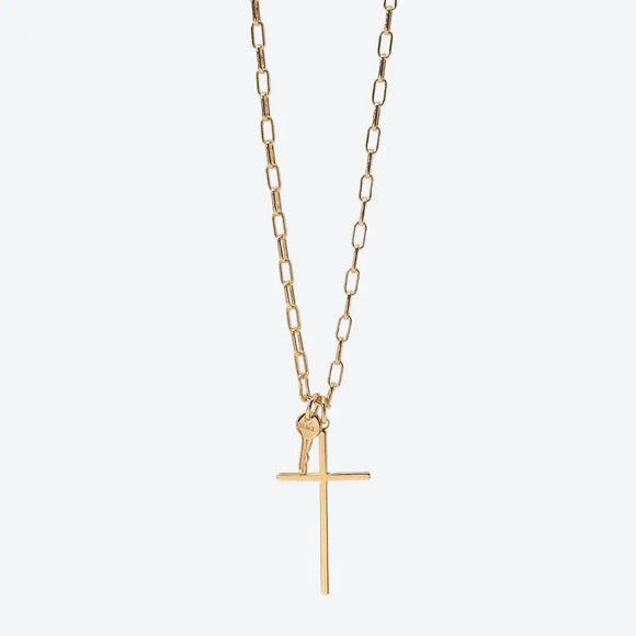 Gold FAITH Cross and Mini Key Necklace