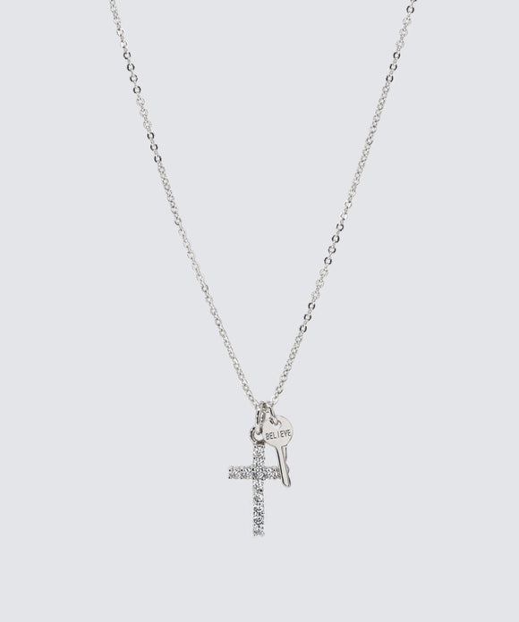 Pave Mini Silver Cross Giving Keys Necklace