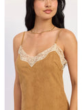 Camel Suede and Lace Midi Dress
