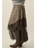 Plaid & Lace Buckle Waist Maxi Skirt