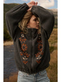 Floral Embroidered Sherpa Zip Up