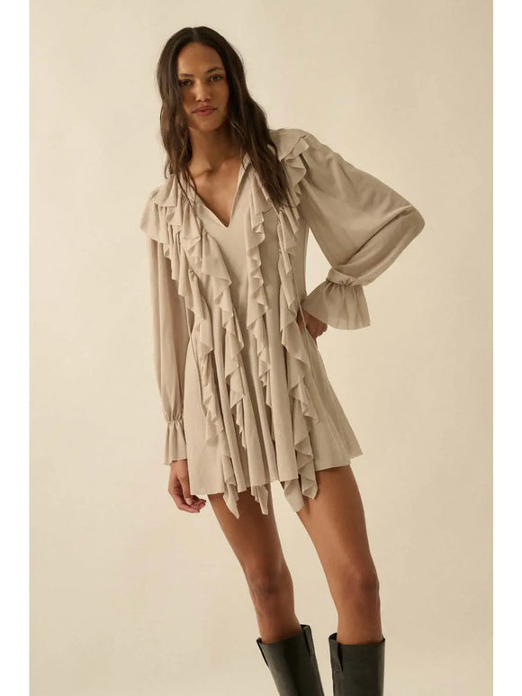 Cascade Ruffles Trumpet-Sleeve Knit Romper