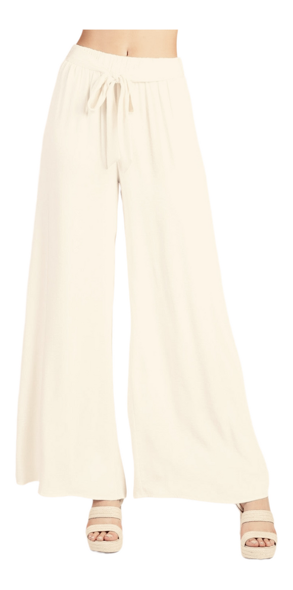 Washed Poly Silk Tie Waist Wide Leg Pants