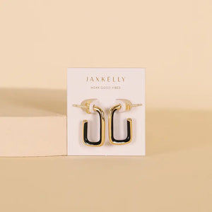 Jax Kelly Black Enamel Large Rectangle Gold Hoop Earrings