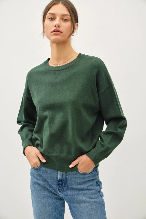 Solid Round Neck Relaxed Sweater in Hunter Green