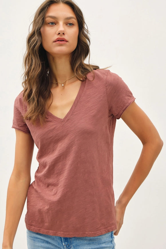 Classic Raw Trim Sleeve V-Neck Tee in Sepia