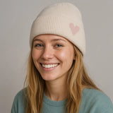 Beige and Pink Heart Embroidered Beanie