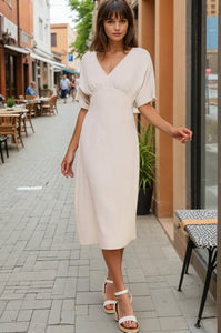 Linen V Neck Midi Dress