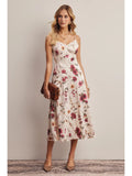 Floral Lace Trim Satin Midi Dress