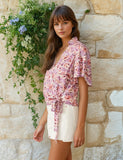 Floral Flutter Sleeve Collared Wrap Top