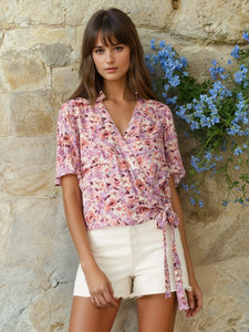 Floral Flutter Sleeve Collared Wrap Top