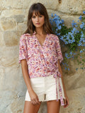 Floral Flutter Sleeve Collared Wrap Top