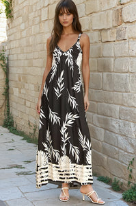 Black Bamboo Leaf Border Strappy Dress