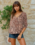 Smocked Paisley Split Neck Blouse