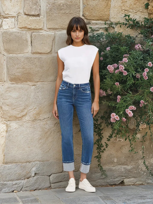 Vervet High Rise Cuffed Slim Straight Jeans