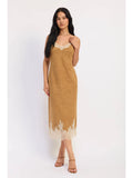 Camel Suede and Lace Midi Dress