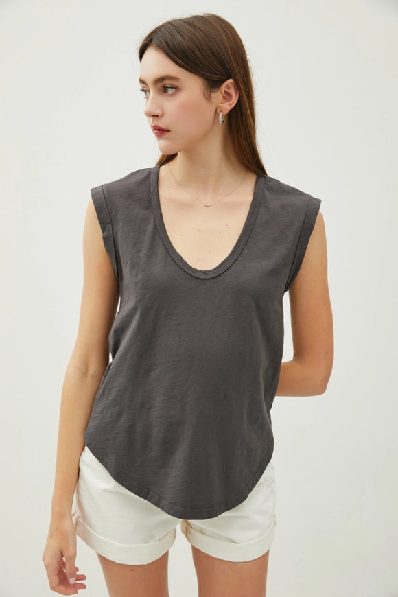 Basic Cap Sleeve Garment Dyed Top in IN Charcoal