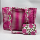 Pink Floral Quilted Boho Extra Large Tote Bag with Purse