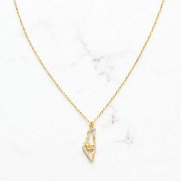 Cz Israel Map with Tiny Star of David Necklace