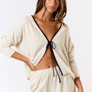 Linen Stripe Long Sleeve Tie Front Top