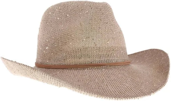 Sequin Cowboy Hat with Suede String Beige